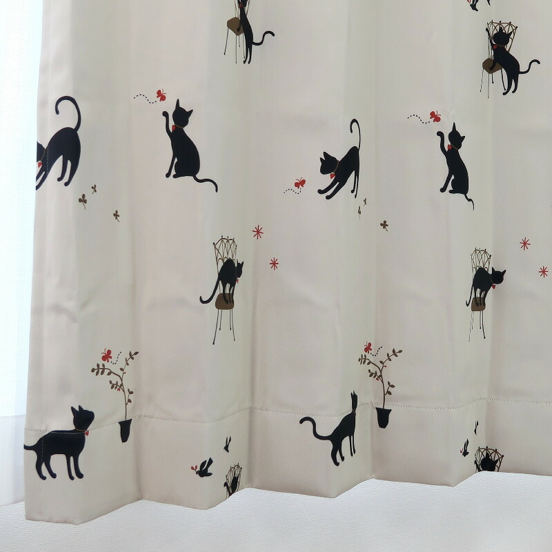 遮光カーテン かわいい猫柄 アイボリー 幅200cm×丈155cm1枚 日本製
