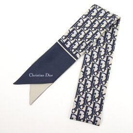 ディオール スカーフ オプリーク ミッツァ 85CDO106I624 ネイビー グレー シルク100％ 中古 リボンスカーフ バッグチャーム ロゴ レディース Dior