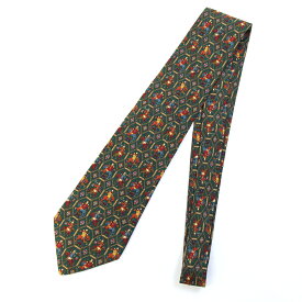 フェラガモ ネクタイ ダークグリーン シルク100％ 中古 スーツ ビジネス ファッション 騎兵隊 総柄 メンズ 男性 Salvatore Ferragamo