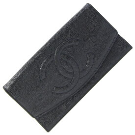 シャネル 二つ折り長財布 ココマーク ブラック キャビアスキン 中古 ロングウォレット ヴィンテージ オールド レディース CHANEL