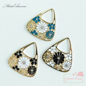 金属チャーム 菊の花バッグ型チャーム ストーン付 3色 2個 和風 花 フラワー アクセサリーパーツ J6-2534 GreenRoseYumi