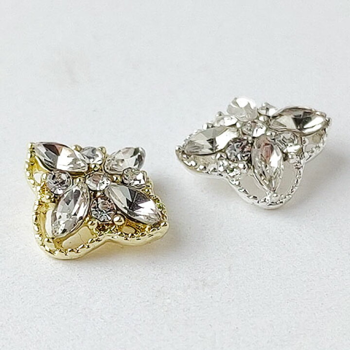 真鍮製 ネイルパーツ 18kgp ひし形 2個 ゴールド シルバー ガラスストーン 貼り付け gp-634 GreenRoseYumi Green Rose ネットショップ Yumi no.622 透かし フレーム フラワー ストーン付き チャーム 花 ゴールド