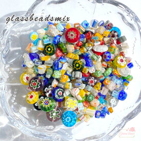 ガラス 花柄 模様 とんぼ玉 エスニック ミルフィオリ カラフル ミックス ビーズ 20g beads983 GreenRoseYumi