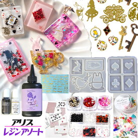 アリス トランプ レジン シャカシャカ キーホルダー レジンキット レジンセット　キッズ アソートセット レジンクラフト 封入パーツ スターターキット UVレジン 資材セット モールド カラビナ 誕生日 クリスマス プレゼント 福袋 assort388 GreenRoseYumi