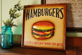 ハンバーガー 立体サイン 送料無料 Antique Board　HAMBURGERS アンティークボード ハンバーガー 3D アメリカン カントリー カジュアル 雑貨 フレーム インテリア 絵 アート 立体 パブ ショップ 酒場 壁掛け チーズバーガー 壁掛け バーガーショップ ジャンク プレゼント