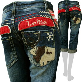 LOLITAJEANS/ロリータジーンズ #1043 レディース オールシーズン クロップドデニム/ボーイフレンドデニム/ジーンズ USED加工/刺繍/ロゴ/アニマル/トナカイ/雪柄/ダメージ加工 インディゴ/ブルー XS-Lサイズ