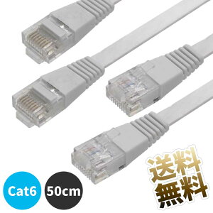 LAN�P�[�u�� 2�{�Z�b�g Cat6 ��50cm(�[�q�܂�) �M�K�r�b�g �t���b�g�^�C�v 1Gbps �z���C�g �Z��