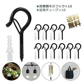 【10個セット】 天井 フック 炭素鋼 ネジ フック 安全バックルデザイン搭載 ねじ込み式ネジフック 全長55 mm 壁フック キャビネット フック スクリューアイフック ハンガーフック 植物 台所用品 風鈴などの吊り下げに最適プラスチック拡張ピン付き (ブラック)