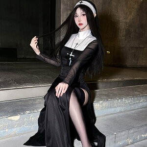 シスター コスプレ セクシー 4点セット 修道女 聖女 修道服 ハロウィン 衣装 大人 レーディス 可愛い 長袖 スリット 大きいサイズ 仮装 十字架 ワンピース ベール ストッキング付き イベント