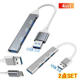 USBハブ 3.0 4ポート USB拡張 2個入り USB2.0対応ポート コンパクト 4in1 3.0搭載 高速 薄型 軽量設計 usbポート type-c 接続 USB 接続 Macbook Windows ノートPC メール便