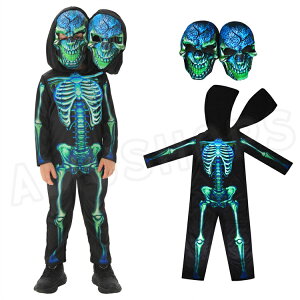 ハロウィン 衣装 2頭 骸骨 コスプレ 怖い 子供服 コスプレ衣装 お面付き スケルトン コスプレ 幽霊 仮装 おばけ コスチューム 悪魔 鬼 二つの頭あり 変装 ハロウィン Halloween 子供コスプレ 骸