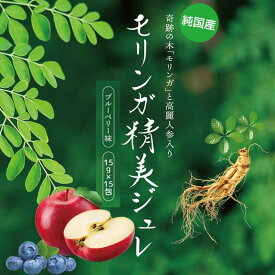 モリンガ精美ジュレ15g×15包　果糖ぶどう糖液糖（国内製造）、モリンガ粉末（佐賀県産）、りんご果汁、インマルトオリゴ糖液糖、ブルーベリー果汁、イヌリン、クマ笹粉末、寒天、高麗人参粉末（福岡県産）、植物発酵エキス末（マルトデキストリン、植物発酵エキス）