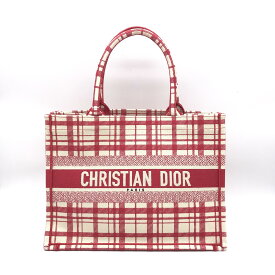 【中古】 Christian Dior ブックトート ミディアム レッド ホワイト 50-MA-0241 チェックオン キャンバス M1296ZRFZ_M929 カードあり 極美品