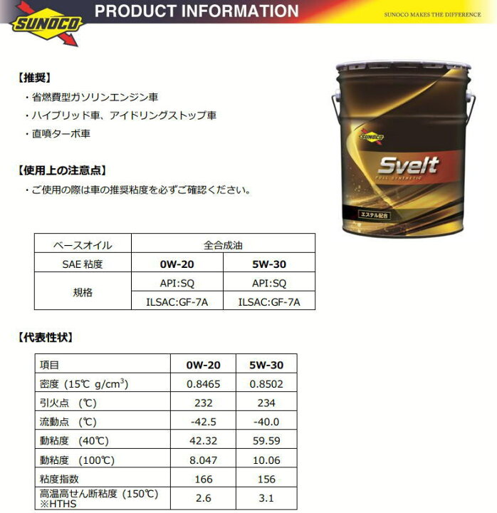 楽天市場】エンジンオイル sunoco SVELT 5W-30 20Lペール缶 全合成 