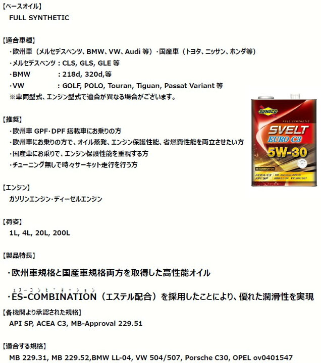 楽天市場】エンジンオイル sunoco SVELT EURO C3 5W-30 20Lペール缶 全 