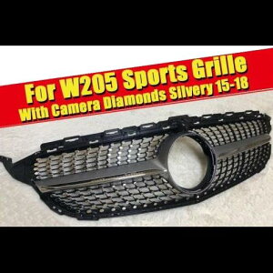 車用外装パーツ W205 ダイヤモンド グリッド グリル ABS シルバー カメラホール 適用: メルセデスベンツ Cクラス C200 C180 C250 C260 スポーツ フロント 2015-2018 タイプ001 AL-EE-0255 AL Exterior parts for cars