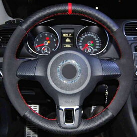 ステアリングホイールカバー 編み上げタイプ ブラック レザー スウェード 適用: フォルクスワーゲン ゴルフ 6 MK6 VW ポロ サギター ボーラ サンタナ ジェッタ MK5 レッド 糸 AL-FF-0532 AL Interior parts for cars