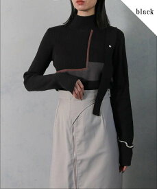 アンジェム &g'aime BELT LIKE BICOLOR KNIT TOPS ベルト風 バイカラー ニット トップス ブラック グレージュ ライトグリーン F フリー アクリル 綿 ナイロン ハイネック ブロック配色 すっきり パイピング アシンメトリー 伸縮性有 秋 冬 カジュアル