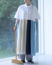 イマゴ emago リース刺繍 切替え ワンピース ホワイト ブラック ブルー F フリー ドレス 綿 配色 前開き ローン生地 6分袖 ポケット付き おしゃれ かわいい 春 夏 カジュアル