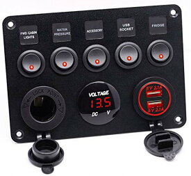 12V 24V 対応 防水 スイッチ パネル デュアル シガーライター シガー ソケット 2.1A USB LED 電圧計 KRB010 (レッド)