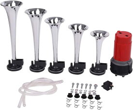 [Avan Knight] ラッパ ホーン 5連 ミュージック エアホーン ヤンキーホーン 12V 車 バイク KRB270 (メッキシルバー)