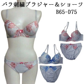 バラ刺繍ブラジャー&ショーツ セット（B65/B70/B75/C65/C70/C75/D65/D70/D75)【メール便送料無料】【インナー・下着・ナイトウエア】【レディースインナー】【セット】【3/4カップブラ&ショーツ】