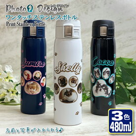 フォトQデザイン 写真印刷 ワンタッチカービングサーモボトル 480ml (全3色) 水筒 ステンレスボトル 肉球 フレーム 名入れ スリム おしゃれ ペット 夏 名前入り 記念日 記念品 ボトル 保冷 保温 プレゼント