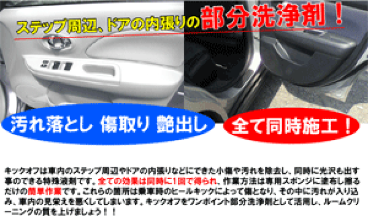 楽天市場 車の内装ステップ周辺 ドアの内張り汚れ落し 艶出しが両方できる特殊液剤 キックオフ 100cc 専用スポンジ付き ルームクリーナー ルームワックス 内装 傷消し 内装クリーナー 内装 艶出し 内装 ワックス 車内ワックス インテリア ワックス 洗車wax カー