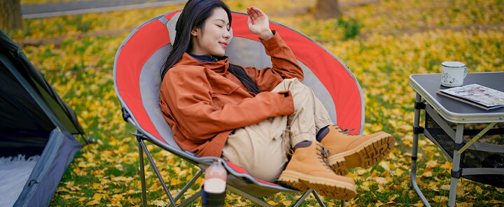 【10%OFFクーポン付き】WEJOY アウトドアチェア 折りたたみ ムーンチェア コンパクト 【体を包み込むワイド設計ラウンド型】ラウンジチェア 椅子 収納袋付き アクシアズ 折り畳みラウンドチェア レッド 椅子 軽量 コンパクト チェア アウトドア 新品