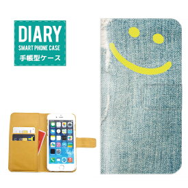 ZenFone 2 ZE551MLケース 手帳型 (L) 送料無料 デニム風 SMILE スマイル イエロー デザイン デニム Denim Mintage ヴィンテージ ニコちゃん マーク ニコニコ Always Smile オシャレ カワイイ