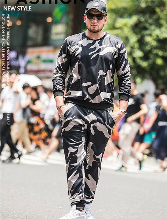 楽天市場 メンズファッション 上下2点セット 大きいサイズメンズ 迷彩柄セットアップ ジャージー フィットネスウェア スポーツウェア 運動 部屋着 トレーニングウェア オラオラ系 英文字 ビッグサイズの アヤコショップ
