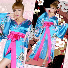 花魁 衣装 コスプレ【cwa35-lon】0309 着物 ドレス：ロング 変形(タイト 袖大) 和柄 花車 ビシュー付≫ 和柄 ドレス サテン リボンロング 着物ドレス ミニサテン よさこい 和柄衣装 花魁 DRESS　ハロウィン 帯　2032　obu