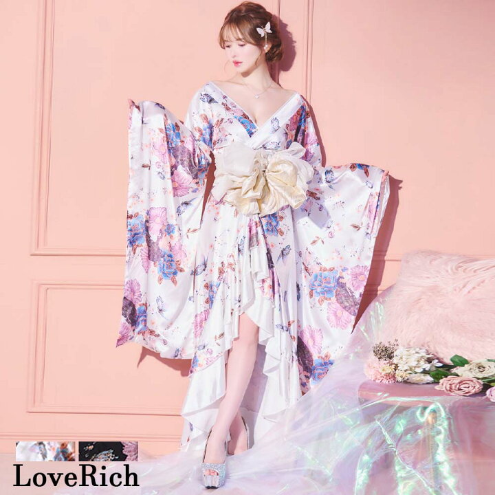 楽天市場】1283蝶々柄 フリル 花柄 ロング 豪華 帯 花魁 着物  