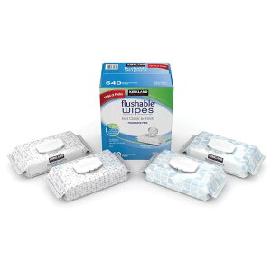 【カークランドシグネチャー 流せるウェットワイプ】 ウェットワイプ 蓋付き 640枚入り(64枚入り10パック) まとめ買い トイレ用 除菌 抗菌 大容量 使い捨て お尻ふき ベビー用 大人用 濡れ