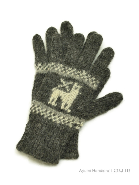 アルパカ純毛100％手編み手袋（グレー　Lmg771）