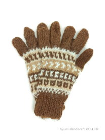 アルパカ純毛100％手編み手袋（濃茶ボーダー　Lmg785）