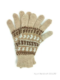アルパカ純毛100％手編み手袋（ベージュボーダー　Lmg787）