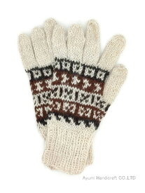 アルパカ純毛100％手編み手袋（生成地ボーダー柄　g832）