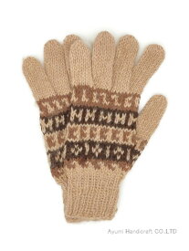 アルパカ純毛100％手編み手袋（ベージュ地ボーダー柄　g834）