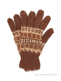 アルパカ純毛100％手編み手袋（茶地ボーダー柄　g835）