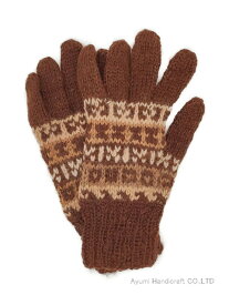 アルパカ純毛100％手編み手袋（茶地ボーダー柄　g836）