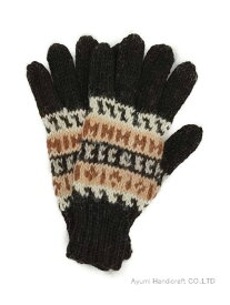 アルパカ純毛100％手編み手袋（黒地ボーダー柄　g840）