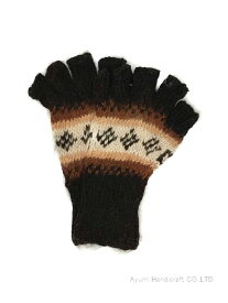 アルパカ純毛100％手編み指なし手袋（黒地ボーダー柄　g842）