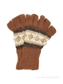 アルパカ純毛100％手編み指なし手袋（茶地ボーダー柄　g843）