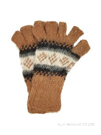 アルパカ純毛100％手編み指なし手袋（茶地ボーダー柄　g845）
