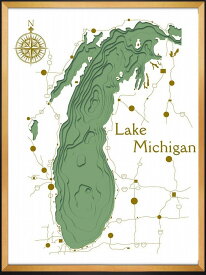 アートフレーム 3Dマップアート ミシガン州 グリーンズ湖 (3D MAP ART Lake Michigan green)/額入り 額装込 絵画 アート リビング 玄関 トイレ インテリア かわいい 壁飾り 癒やし プレゼント ギフト アートパネル ポスター アートフレーム 飾る 4Lサイズ おしゃれ 壁掛け 絵