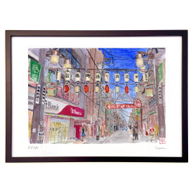 版画 商店街 (ゆきお)インテリア 壁掛け 額入り 風景画 ポスター アート リビング 玄関に飾る 風水 プレゼント モダン アートフレーム