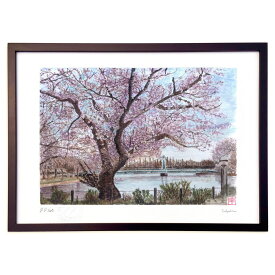 版画 桜満開 (ゆきお)インテリア 壁掛け 額入り 風景画 ポスター アート リビング 玄関に飾る 風水 プレゼント モダン アートフレーム