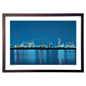 版画 工場の灯、海に映る (ramble)インテリア 壁掛け 額入り 風景画 ポスター アート リビング 玄関に飾る 風水 プレゼント モダン アートフレーム