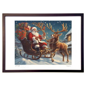版画 サンタクロースとトナカイの夜 (空木眠兎)インテリア 壁掛け 額入り 風景画 ポスター アート リビング 玄関に飾る 風水 プレゼント モダン アートフレーム